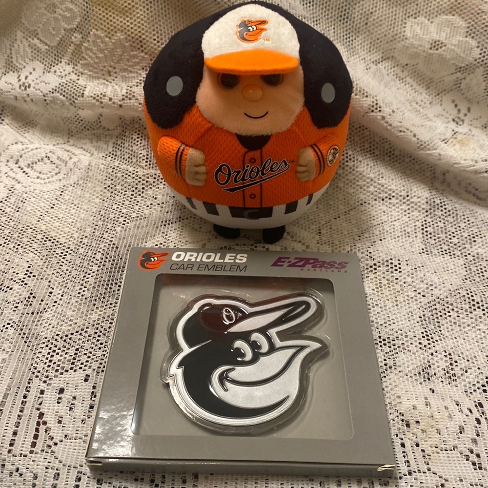 Orioles Ty beanie ballz and car emblem.